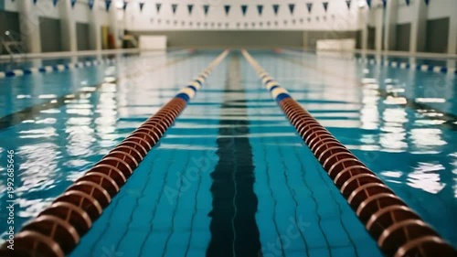 An empty indoor swimming pool with multiple lanes marked by red, white, and blue lane lines, ready for competitive swimming or leisure activities.