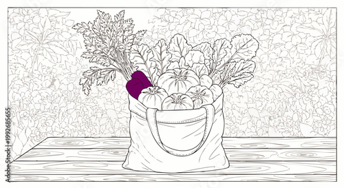 Line art drawing of a reusable shopping bag filled with fresh vegetables and fruits on a wooden table, coloring page