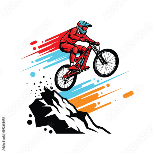 Downhill mountain biker jumping off a rocky cliff.