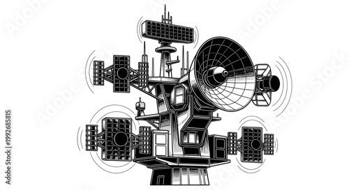 Futuristic Space Station Illustration with Antennae and Solar Panels