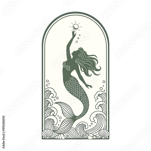 Elegant Mermaid Silhouette Reaching for a Starry Sphere.