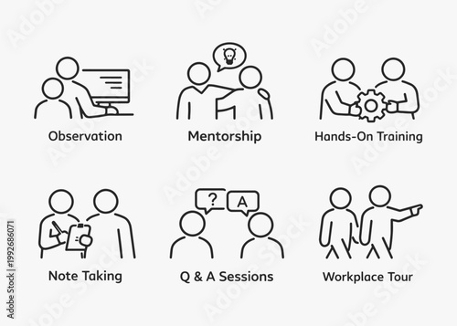 A set of Job Shadowing icons focuses on simplicity, elegance, and ease of recognition. Vector Sign for Logos, Labels, and Icons.