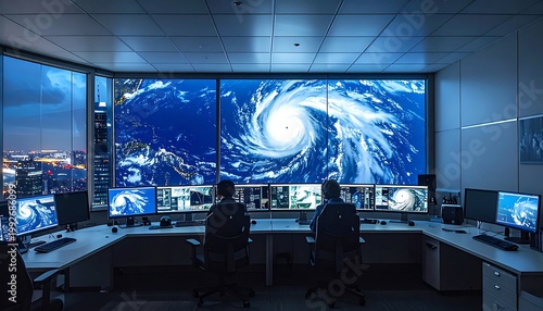 Two people in a dark room watching a large hurricane on screens