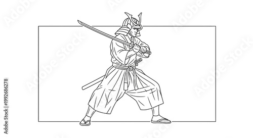 Samurai Warrior Drawing, Traditional Japanese Warrior with Sword, Line Art Illustration