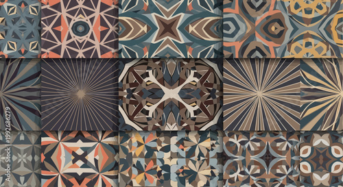 An assortment of complex radial symmetry designs in a palette of warm brown, tan, and gray, offering a variety of sophisticated textures inspired by mandalas and ornamental architectural details.
