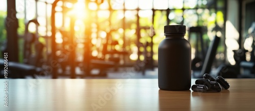 Black supplement bottle and pills on wooden table with blurred gym background, representing fitness, health, and nutrition supplements in warm light.