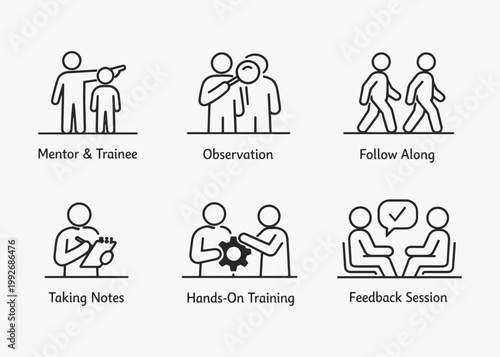 A set of Job Shadowing icons focuses on simplicity, elegance, and ease of recognition. Vector Sign for Logos, Labels, and Icons.