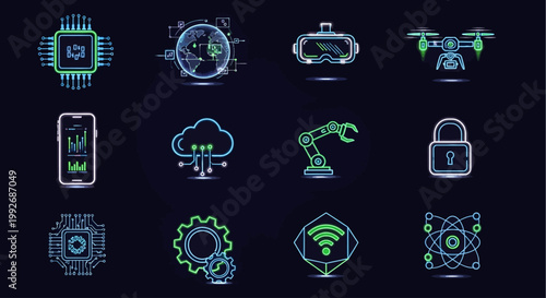 A series of technical line icons in a neon blue and green color scheme, featuring symbols for cloud storage, robotic arms, global networking, and virtual reality headsets for modern tech presentations