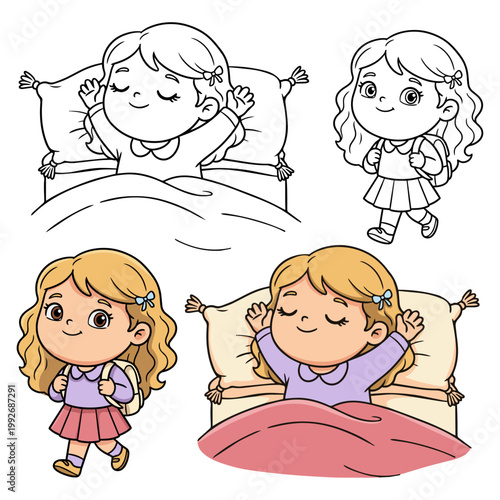 Daily Routine Illustration: Sleeping Girl and Girl with School Backpack