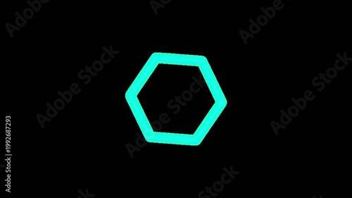 A glowing turquoise 2D hexagonal polygon wireframe structure dynamically rotates in a seamless, abstract motion graphic loop, presented with a Transparent Alpha Channel.