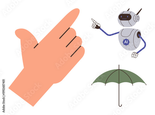 Artificial intelligence, gesture recognition, communication, robotics, technology, weather protection. Human hand pinch gesture with pointing robot and umbrella. AI and gesture recognition concept