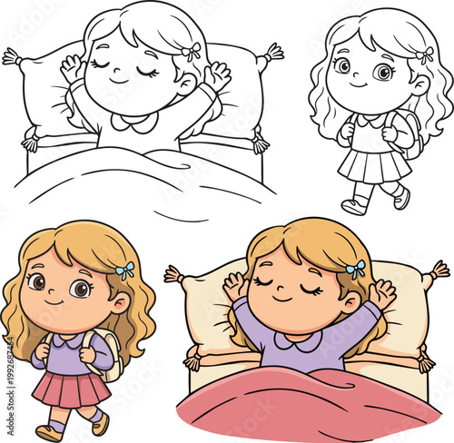 Girl Waking Up and Going to School, Line Art and Colored Vector Set