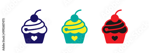 Colorful cupcake icons with cherry and heart