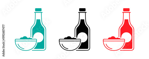 Three condiment bottle and bowl icons with white circles