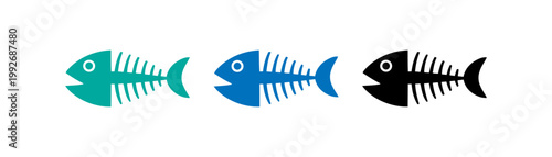 Three stylized fish skeletons in different colors