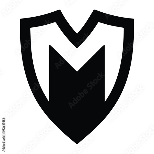 Modern Minimal Letter M ShieldShape Icon Silhouette Vector black design on a white background
