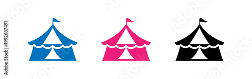 Circus tents in different colors with flags