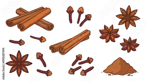 Cinnamon Sticks Cloves and Star Anise Spice Set Hand Drawn Aromatic Seasoning Collection