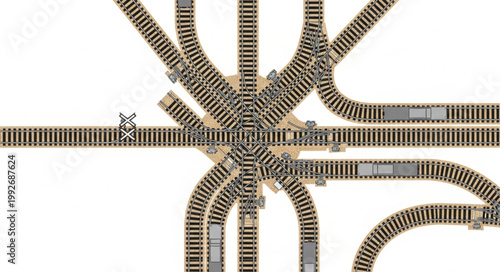 Complex Model Train Track Junction on White Background.