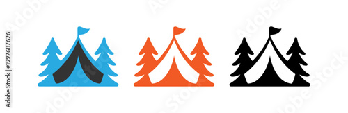 Colorful tent and tree icons for camping