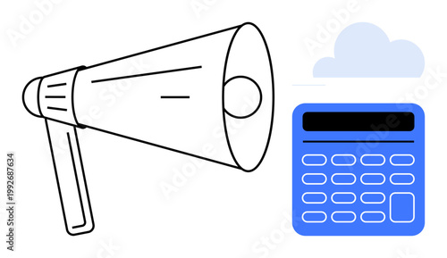 Digital marketing, communication tools, financial technology, cloud computing, business analytics, online announcements. Megaphone, calculator and cloud element. Digital technology and communication