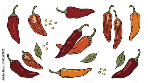 Red Chili Pepper Set Hand Drawn Spicy Capsicum Illustration Collection