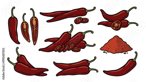Red Chili Pepper Set with Slices and Powder Hand Drawn Illustration
