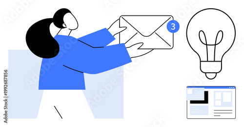 Business communication, digital interaction, innovation, email management, online services, content sharing. A person holds an email with a notification, a lightbulb and a webpage. Business