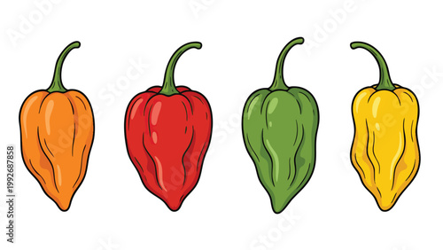 Habanero Chili Peppers Set in Different Colors Hand Drawn Illustration