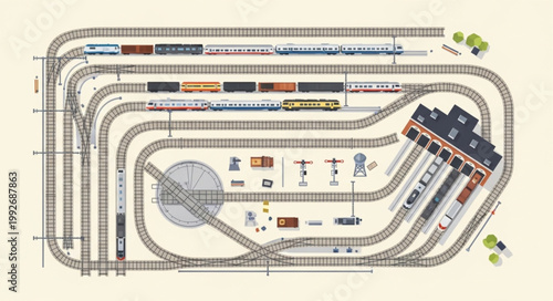 Obraz na plátně Detailed illustration of a model train layout with multiple tracks and trains