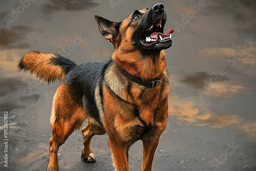 energetic german shepherd standing on wet pavement with collar, ears pricked and tail raised, mouth open showing teeth and tongue, looking upward with excited and alert expression