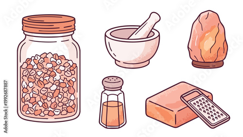 Himalayan Pink Salt Illustration Set with Crystals, Lamp and Grinder
