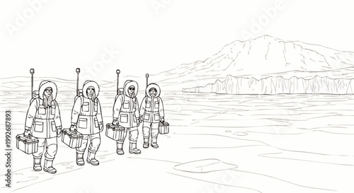 Line art of four winter explorers in parkas, carrying gear and supplies, traversing a vast frozen landscape with distant mountains and glaciers in the background.