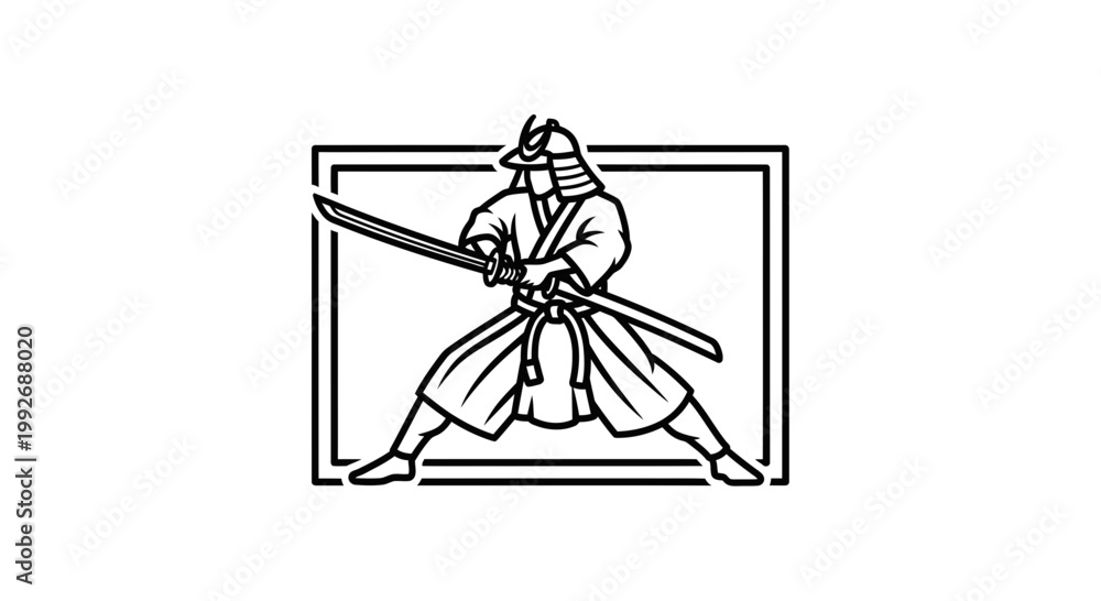 Obraz premium Samurai Warrior in Dynamic Stance with Katana Swords, Japanese Art Style