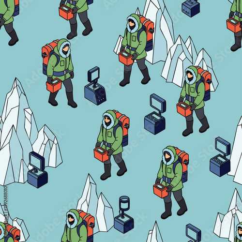 Seamless isometric pattern of arctic explorers with scientific equipment navigating icy landscapes, ideal for themes of research, adventure, and climate.