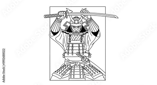 Samurai Warrior in Armor Holding Katana Sword Overhead, Japanese Warrior Illustration
