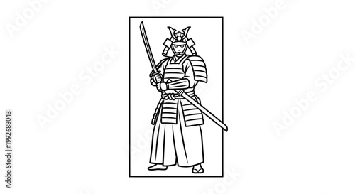 Samurai Warrior in Traditional Armor Holding Katana Sword, Japanese Warrior Illustration