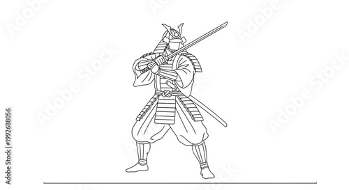 Samurai Warrior in Traditional Armor Holding Katana Sword, Line Art Illustration