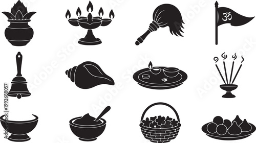 Mahavir Jayanti Silhouette Set of 12 Vector Icons Lord Mahavir Jain Religious Festival