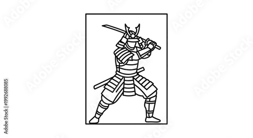 Samurai Warrior in Traditional Armor Holding Two Swords, Dynamic Pose, Black and White Line Art