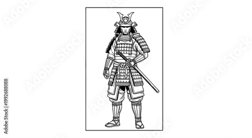 Samurai Warrior in Traditional Armor with Katana Sword, Black and White Illustration