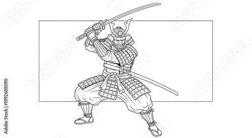 Samurai Warrior in Traditional Armor with Katana Sword, Dynamic Action Pose, Black and White Line Art