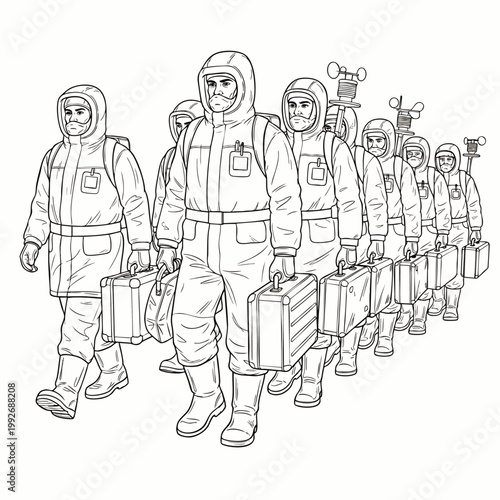 Group of scientists in hazmat suits carrying briefcases, walking in a line, representing research, danger, or exploration
