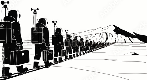 Astronauts in line walking across a desolate, icy landscape with mountains in the background, carrying scientific equipment and briefcases.