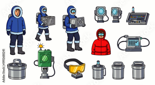 Arctic expedition team with equipment, scientific research, extreme weather gear, and scientific instruments for exploration