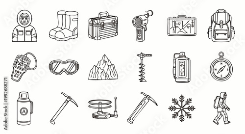 Set of Icons for Winter Mountain Climbing and Extreme Sports - Vector Illustration