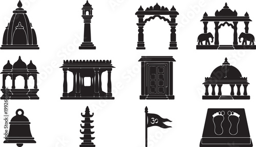 Mahavir Jayanti Silhouette Set of 12 Vector Icons Lord Mahavir Jain Religious Festival