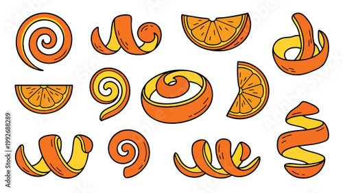 Hand Drawn Orange Peel Spiral and Citrus Slice Illustration Set