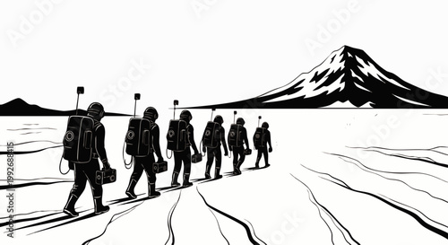 Black and white illustration of an expedition team navigating a challenging icy terrain with backpacks, highlighting exploration and perseverance.