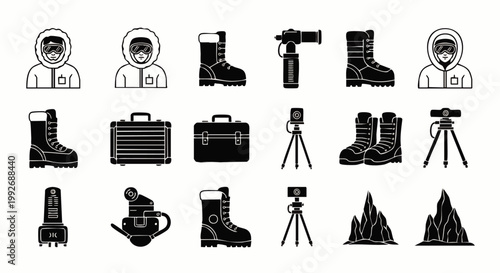 Monochrome vector icons for arctic exploration, mountaineering, and outdoor adventure, featuring explorers, winter boots, tripods, and expedition gear.